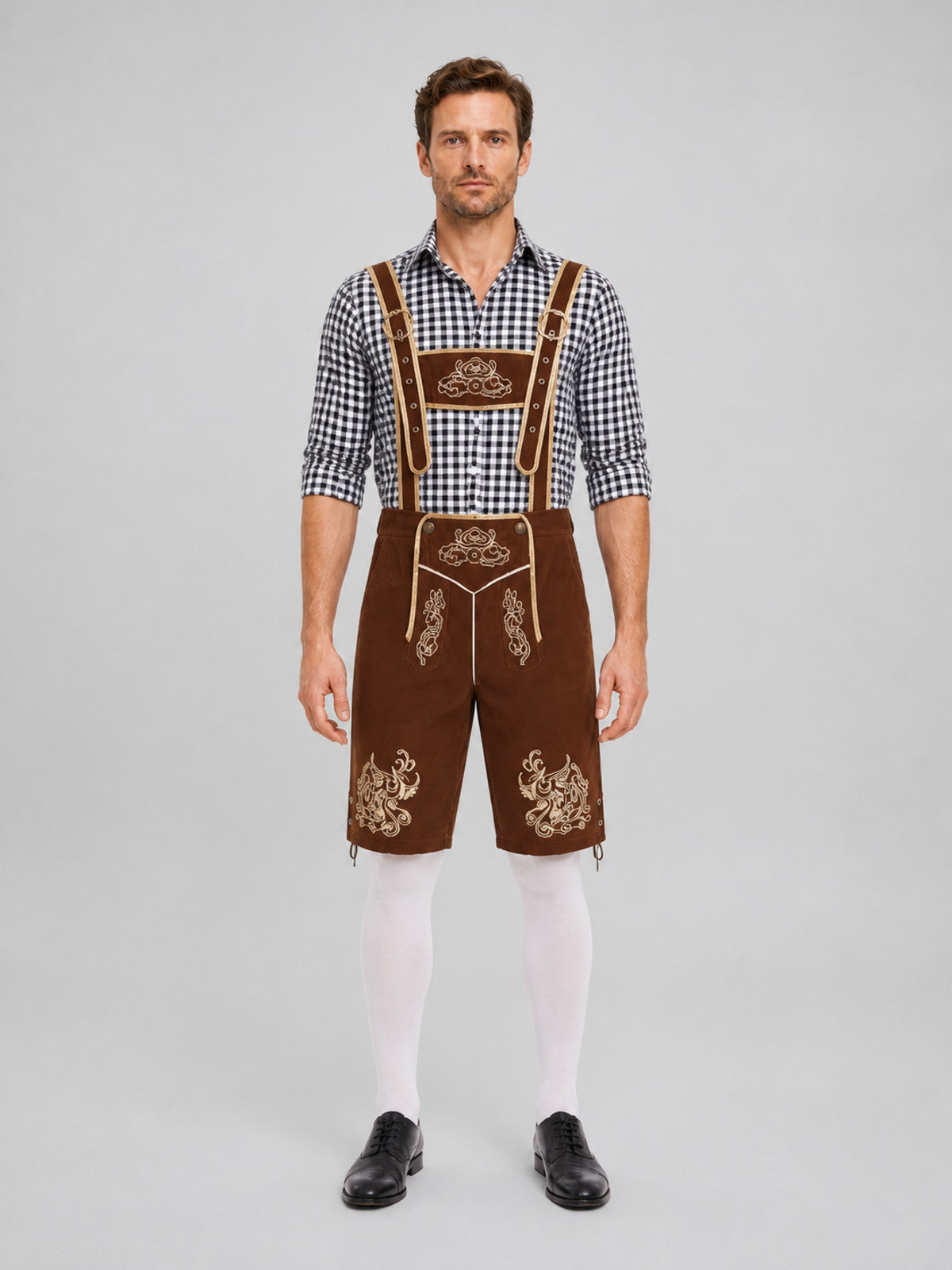 Bavarian Shorts with Suspenders and Gold Embroidery on-model view