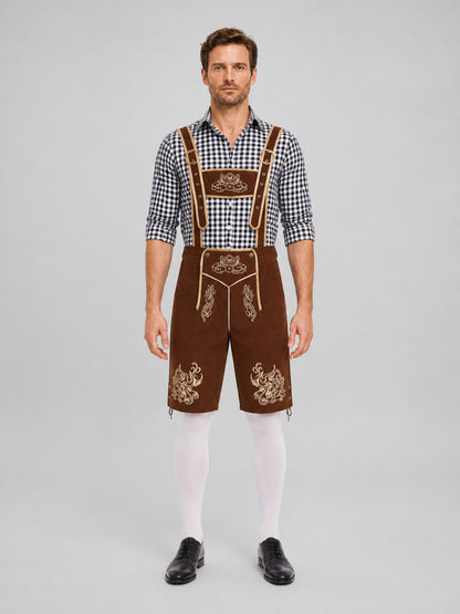 Bavarian Shorts with Suspenders and Gold Embroidery on-model view