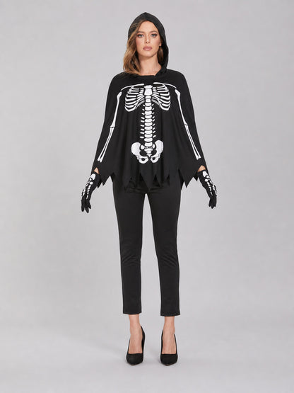 Black Hooded Cape with Skeleton Print