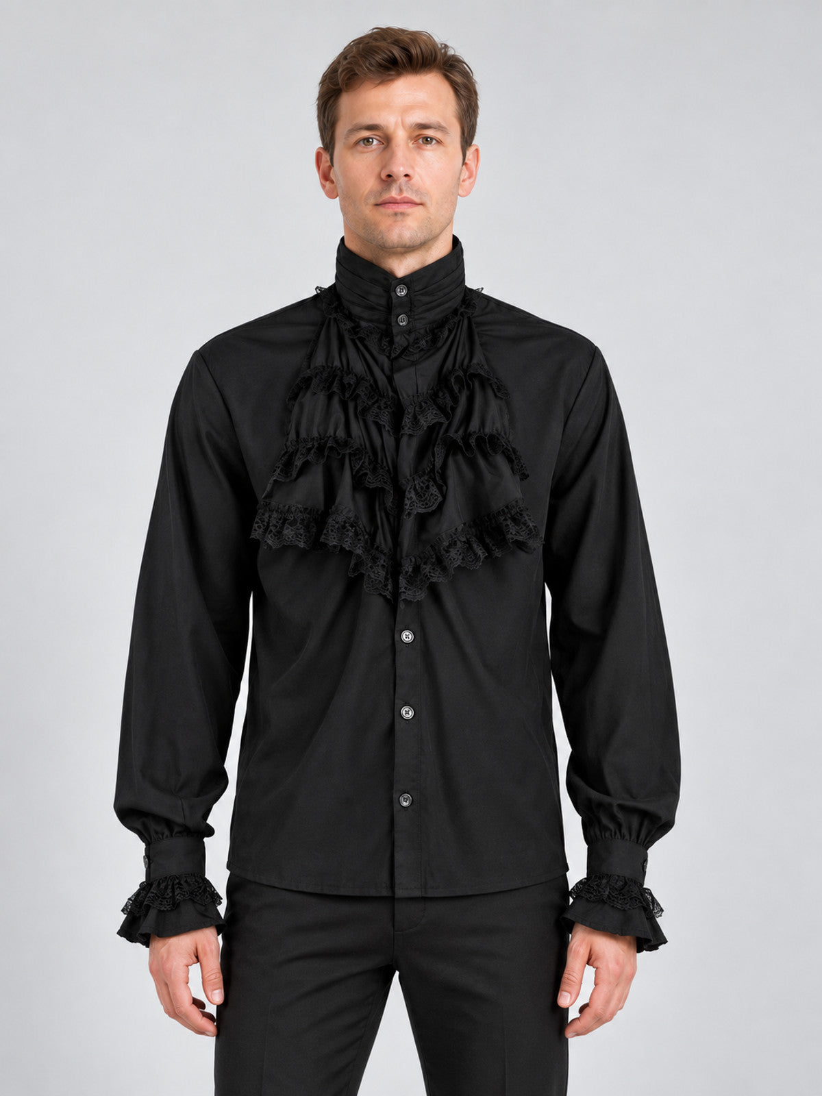 Black Gothic-Style Shirt with High Collar and Ruffles