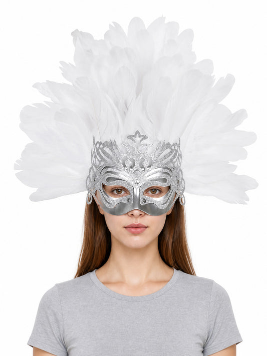 1pc Feather Eye Mask, White Plume Decoration, Silver Hollow Cutout, Star and