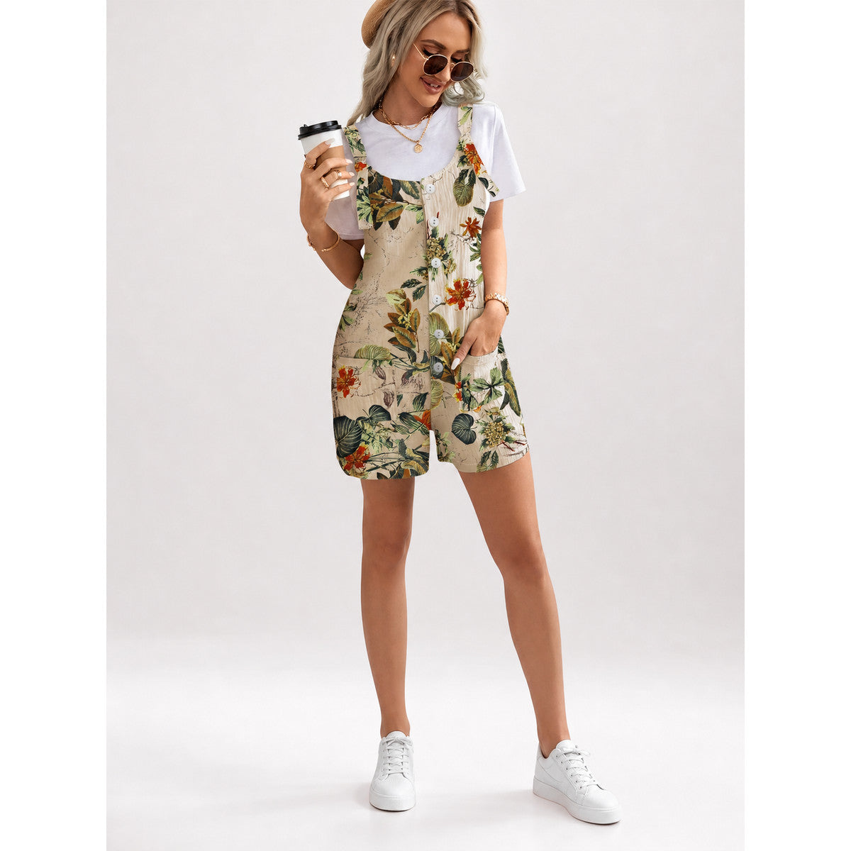 Tropical Floral Print Romper Shorts