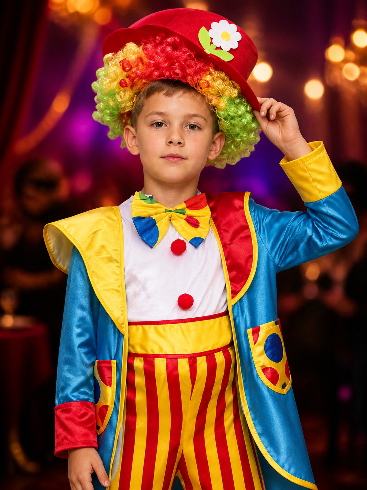 Boys Colorful Clown Circus Costume Set with Striped Jumpsuit, Jacket, Bow Tie on-model view