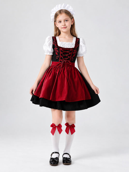 Girls' Burgundy Bavarian-Style Dirndl Dress with Apron