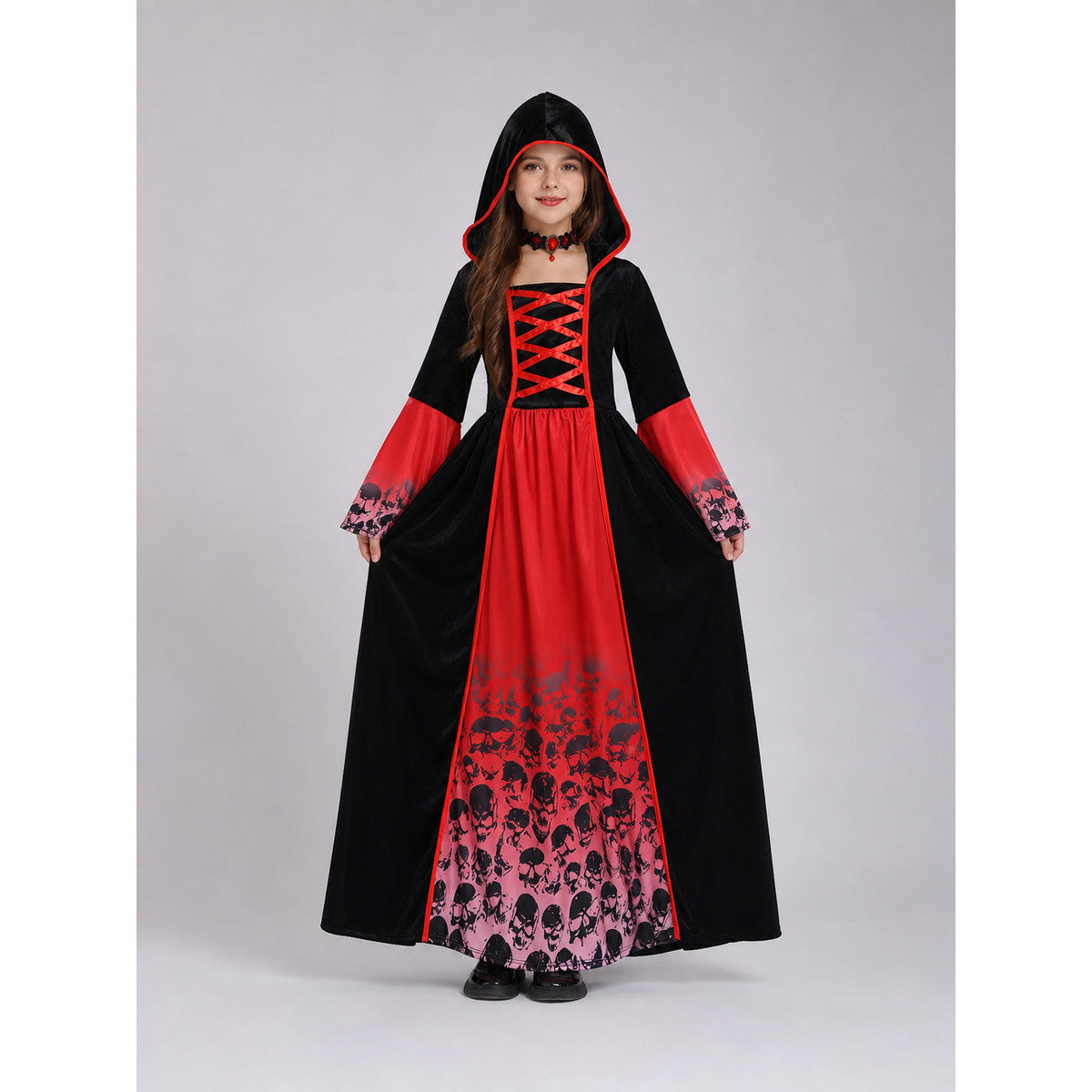 Gothic Hooded Dress with Skulls