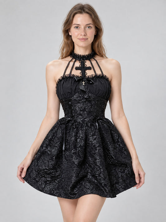 Black Gothic Dress with Lace, Corset Bodice, Bow