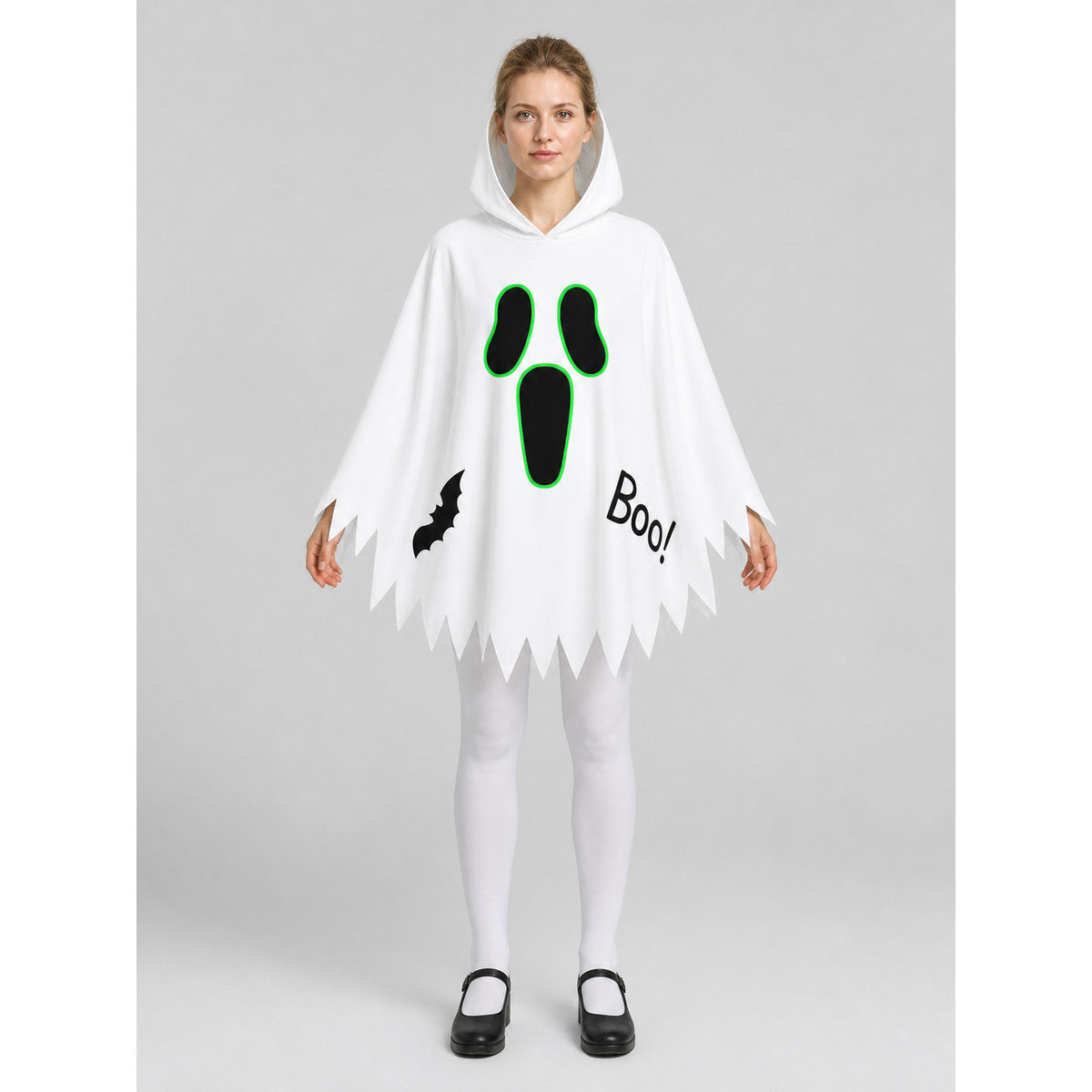 White Halloween Hooded Cape with Ghost Print on-model view