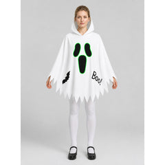 White Halloween Hooded Cape with Ghost Print
