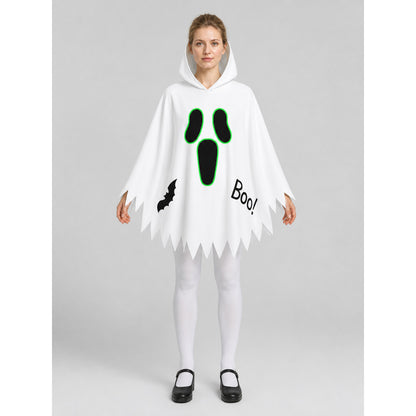 White Halloween Hooded Cape with Ghost Print on-model view