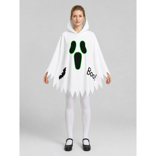 White Halloween Hooded Cape with Ghost Print on-model view