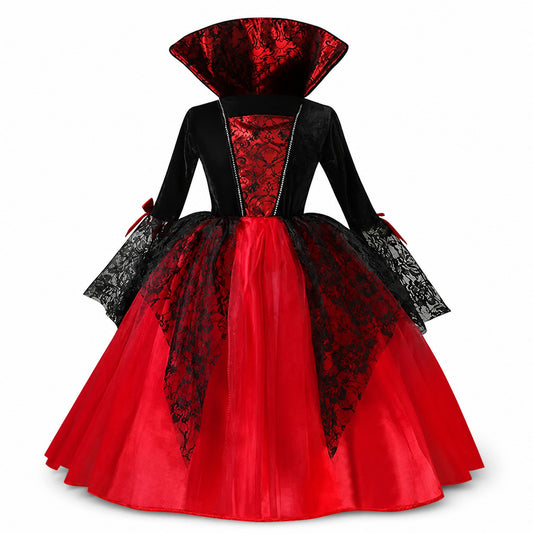 2025 Girls Cosplay Vampire Halloween Dress For Kids Ghost Bride Gothic Costume Count Vampiran Carnival Outfit Black Red Clothes - Color:Dress