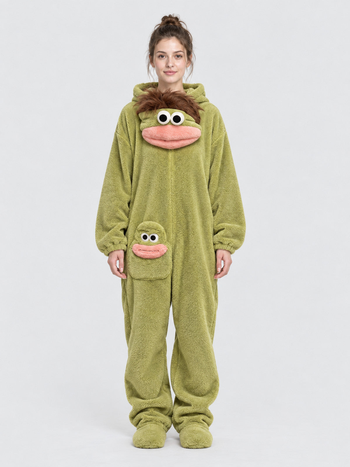Coral Fleece Pajama Jumpsuit with Cartoon Decor