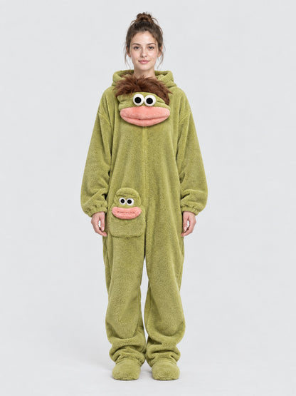 Coral Fleece Pajama Jumpsuit with Cartoon Decor
