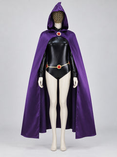 Raven Cosplay Costume – Women's Purple Hooded Cape, Black Bodysuit & Gem Chain Belt