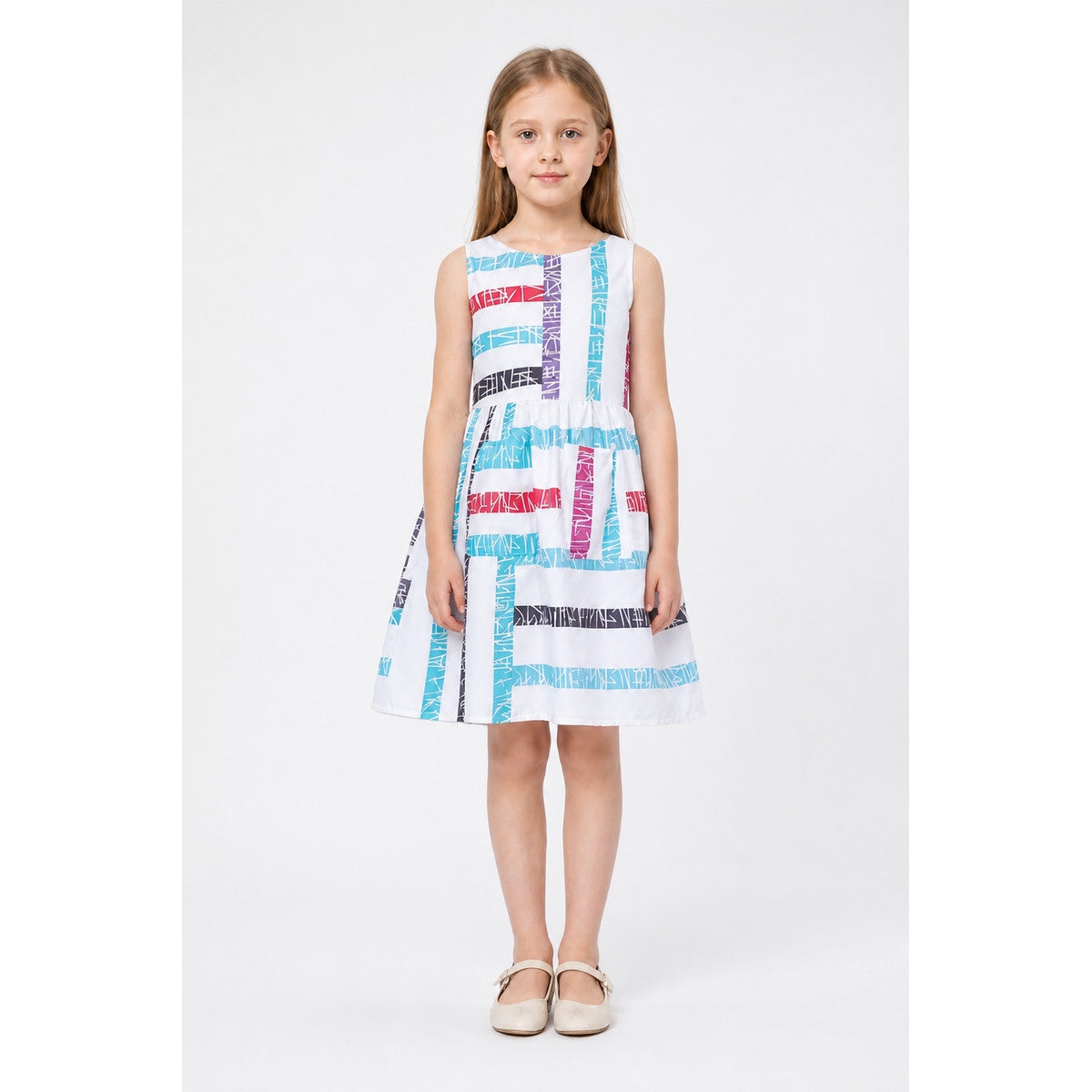 Children's sleeveless dress with geometric stripes main product view