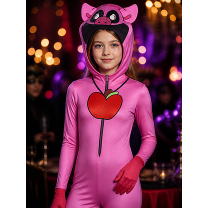 Pink Pig Hooded Onesie Costume, Full Body Animal Jumpsuit With Attached Face on-model view
