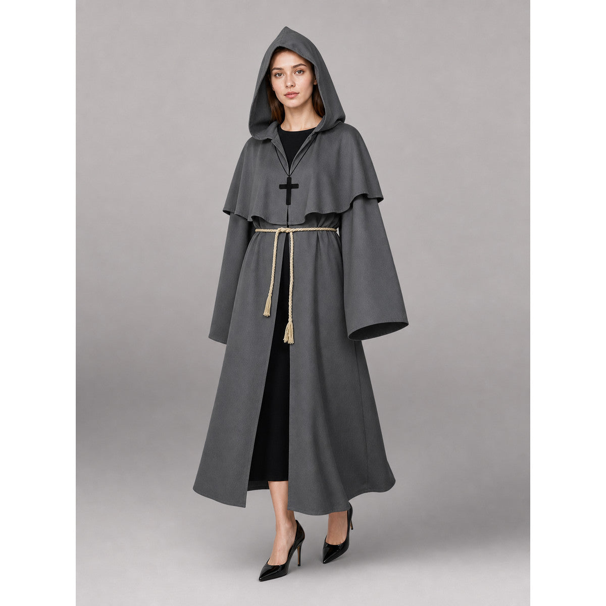 Gray Medieval Hooded Costume Cloak front view