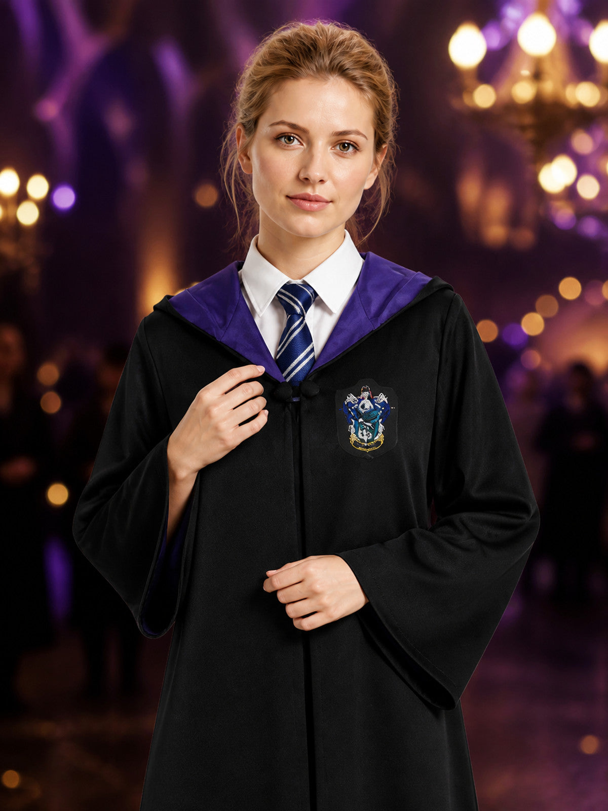 Unisex Wizard Robe Costume Set with Tie, Hooded Long Cape Halloween Outfit on-model view