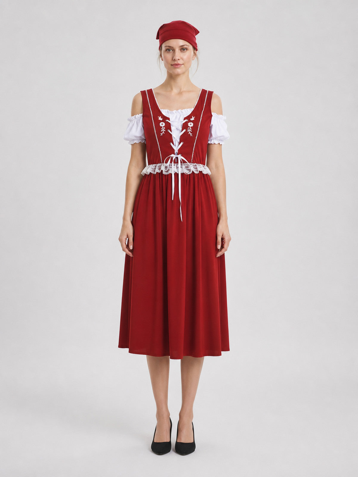 Burgundy Historical Role-Play Dress with Puff Sleeves on-model view
