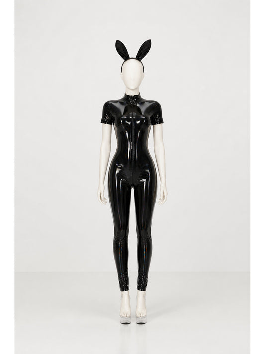 Black Jumpsuit with a High Collar and Short Sleeves main product view