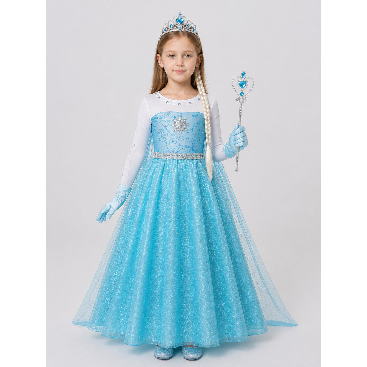 Snow Queen Costume: Dress, Crown, and Wand on-model view