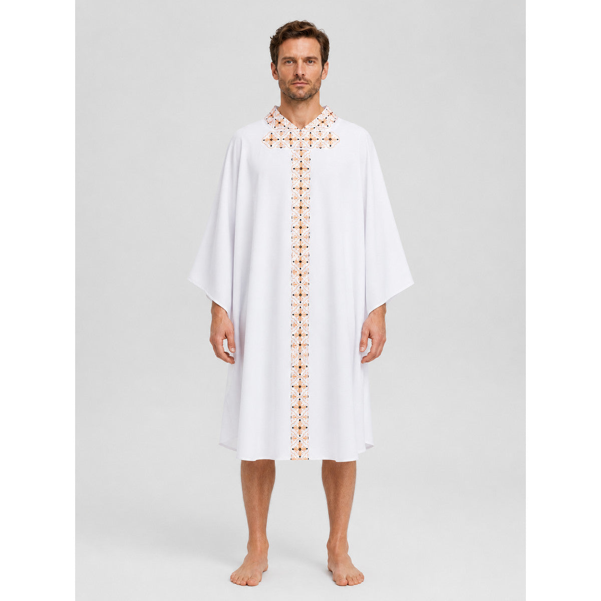 White Cosplay Shirt with Geometric Pattern on-model view