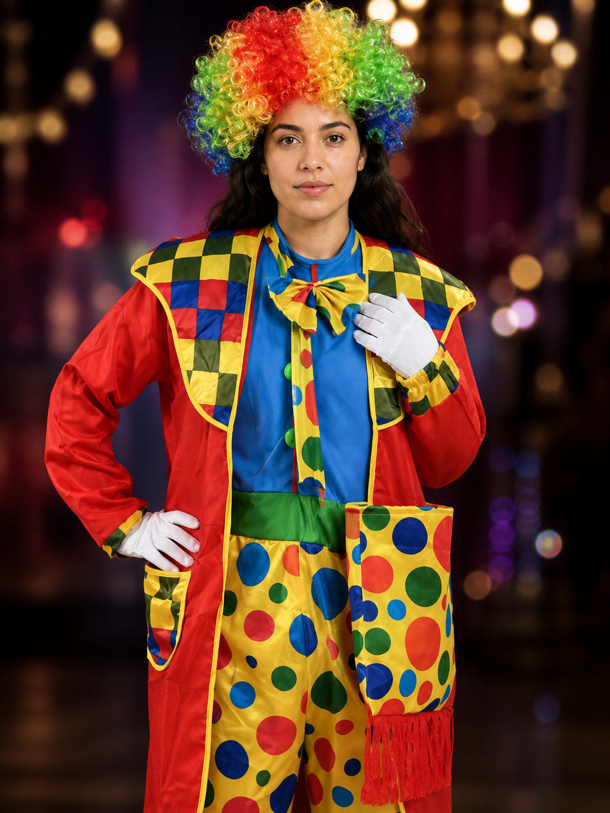 Unisex Colorful Clown Jumpsuit Costume Set With Wig, Collar And Boots on-model view