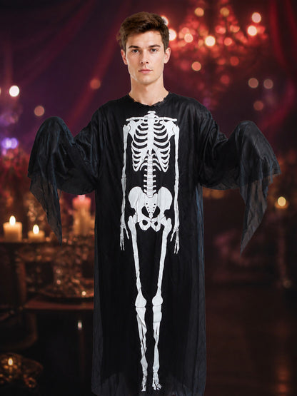 Skeleton Jumpsuit Costume, Long Black And White Draped-Sleeve Halloween Outfit on-model view