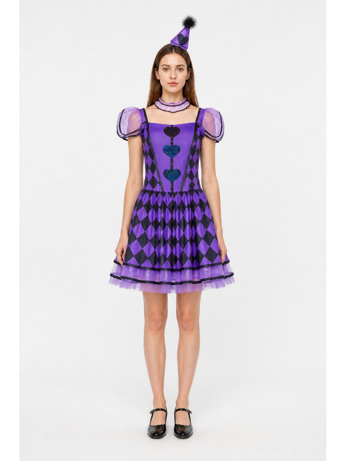 Clown Costume with Dress and Headband, Purple and Black