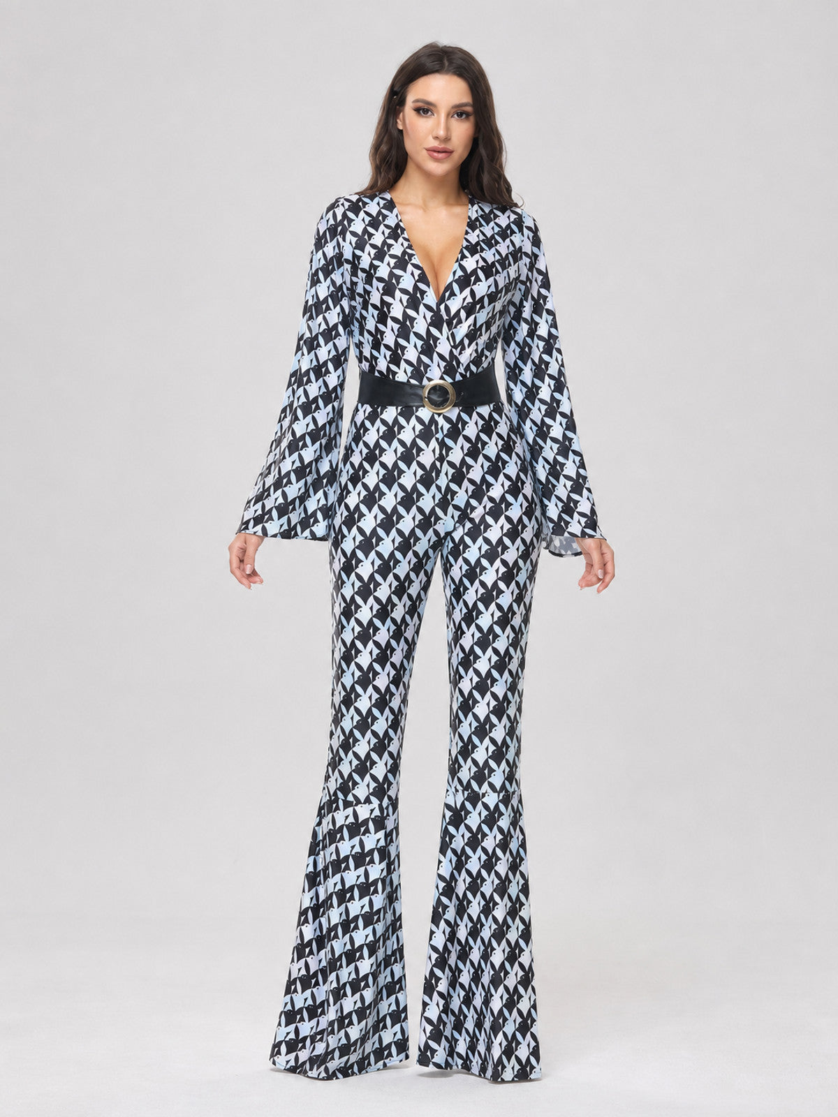 Geometric Print Flared Retro Jumpsuit front view