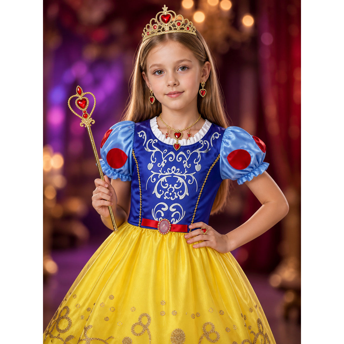 Girls Snow White Princess Costume Set - Tutu Dress With Puff Sleeves, Crown on-model view