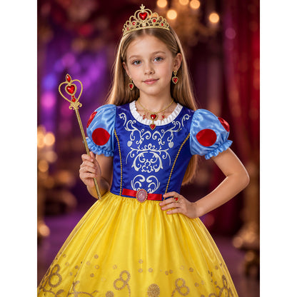 Girls Snow White Princess Costume Set - Tutu Dress With Puff Sleeves, Crown on-model view
