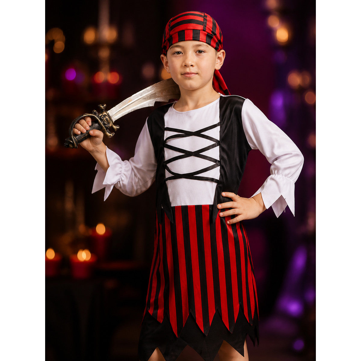 Children's Pirate Costume Set - Red Black Striped Dress & Hat for Halloween on-model view