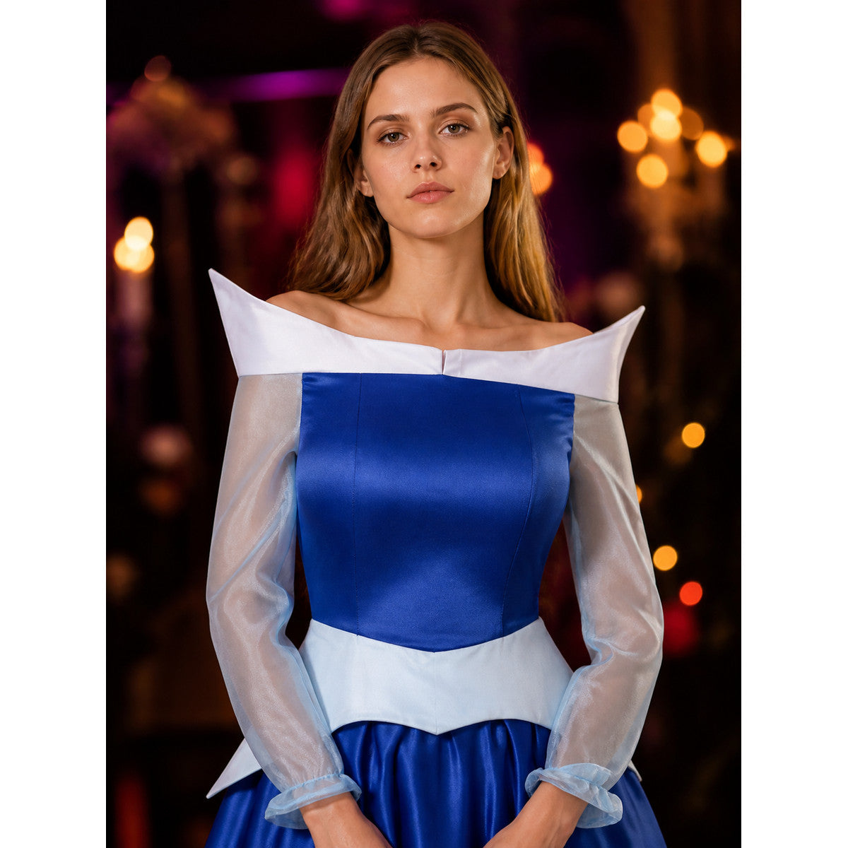 Women's Sleeping Beauty Princess Costume Dress - Blue & White, Long Sleeve, Full on-model view