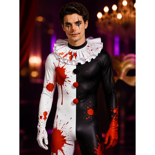 Unisex Bloody Clown Costume Bodysuit, Black and White Split with Red Splatter on-model view