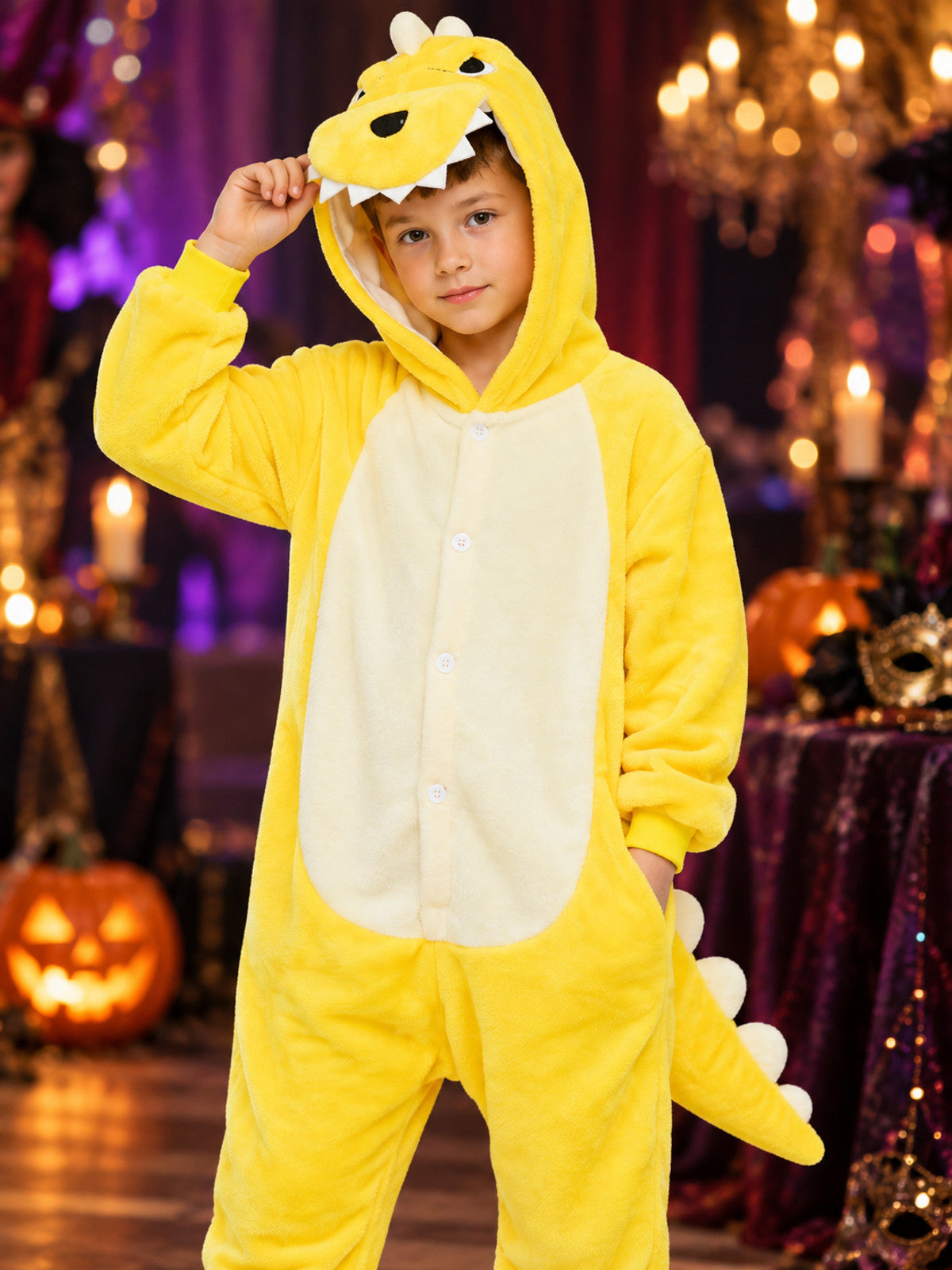 Kids' Dinosaur Kigurumi Pajama, Yellow, with Hood