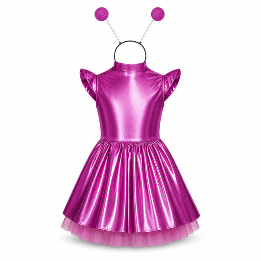 Children Girls Shiny Halloween Alien Cosplay Fancy Costume Space Robot Astronaut Galaxy Warrior Dress Up Leotards Tutu Dress - Color:Hot Pink A