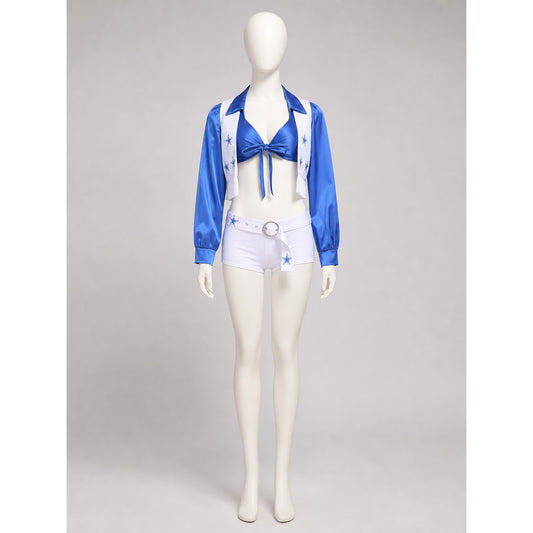 Blue and White Cheerleading Costume with Stars on-model view