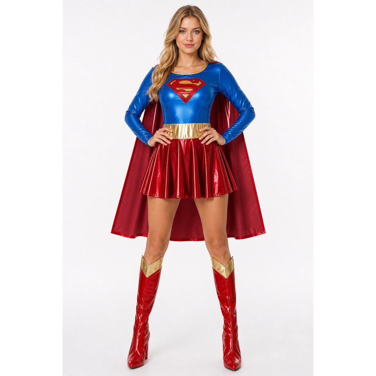 Superman Costume with Cape and Leg Warmers for Halloween on-model view