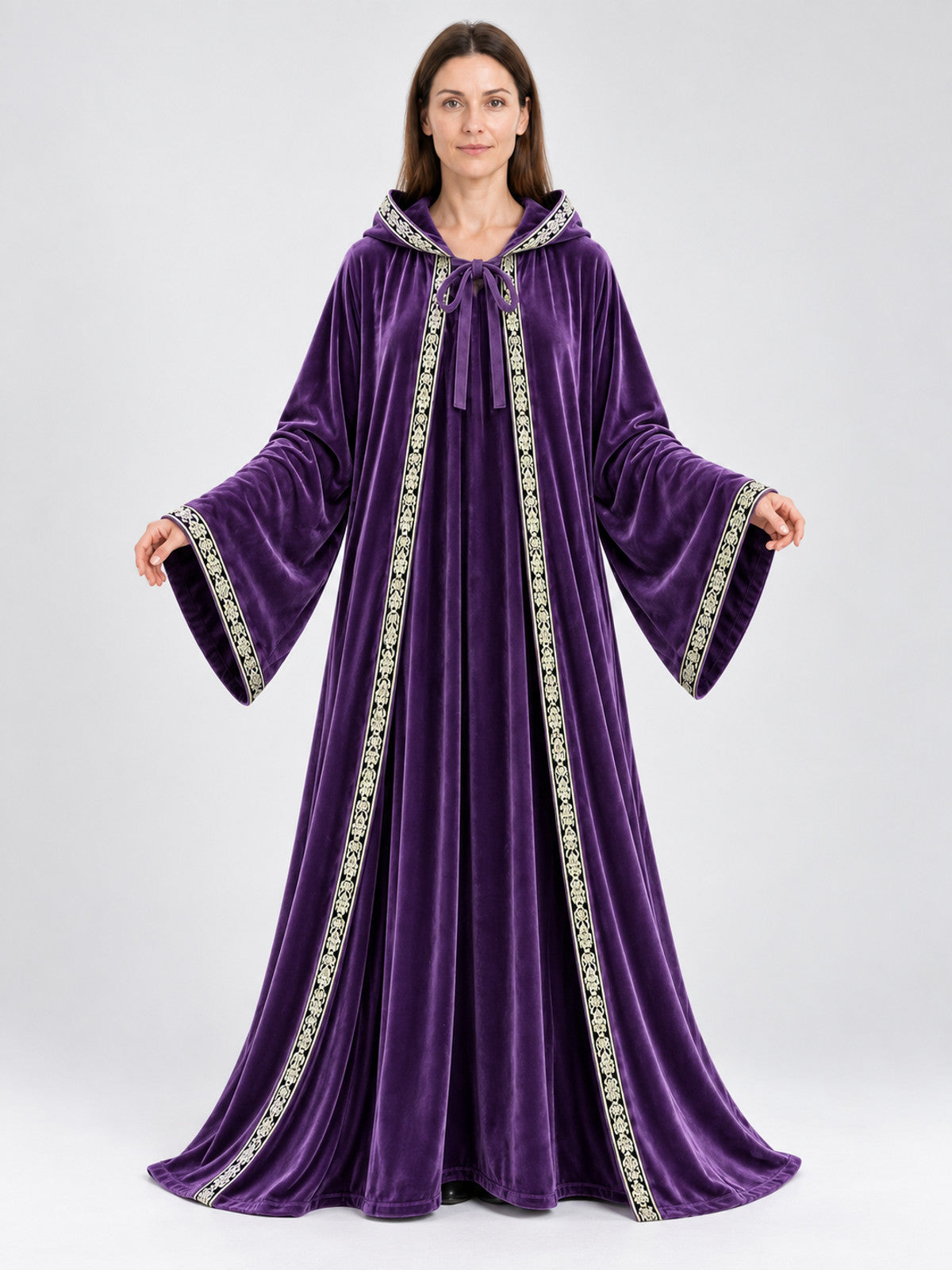 Hooded Cloak-Mantle, Purple, with Patterned Trim