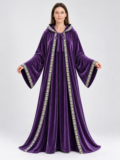 Hooded Cloak-Mantle, Purple, with Patterned Trim