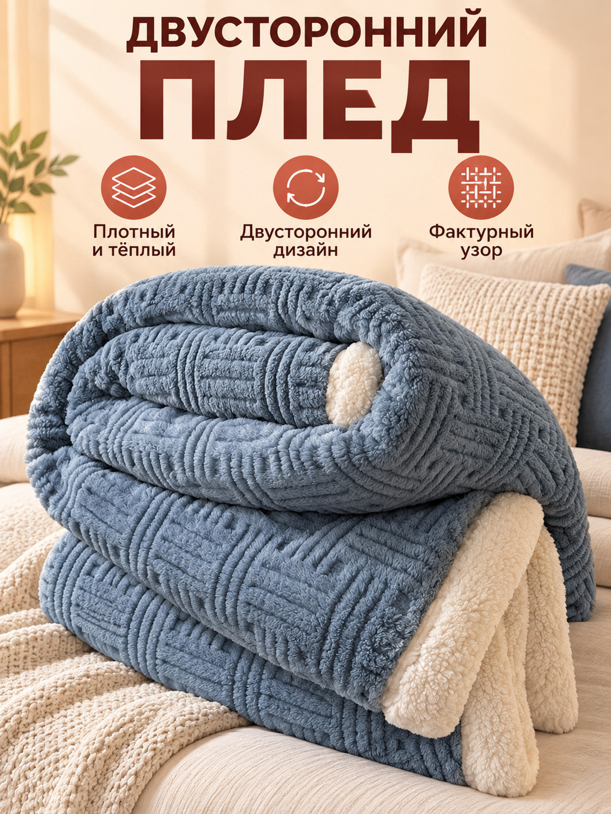 Reversible gray-blue blanket with cream trim