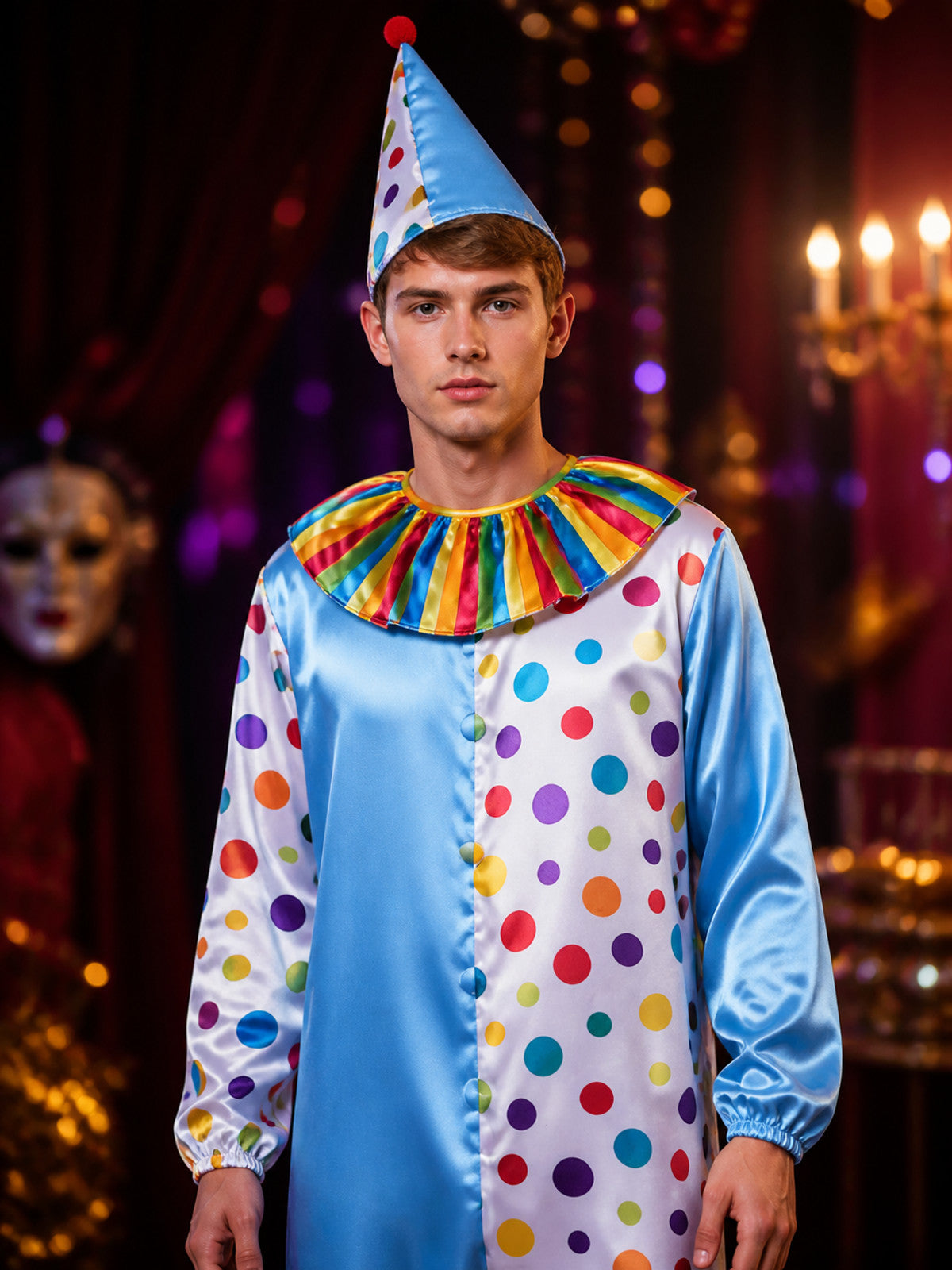 Kids' Multicolor Clown Jumpsuit Costume With Polka Dot Cone Hat, Long Sleeve on-model view