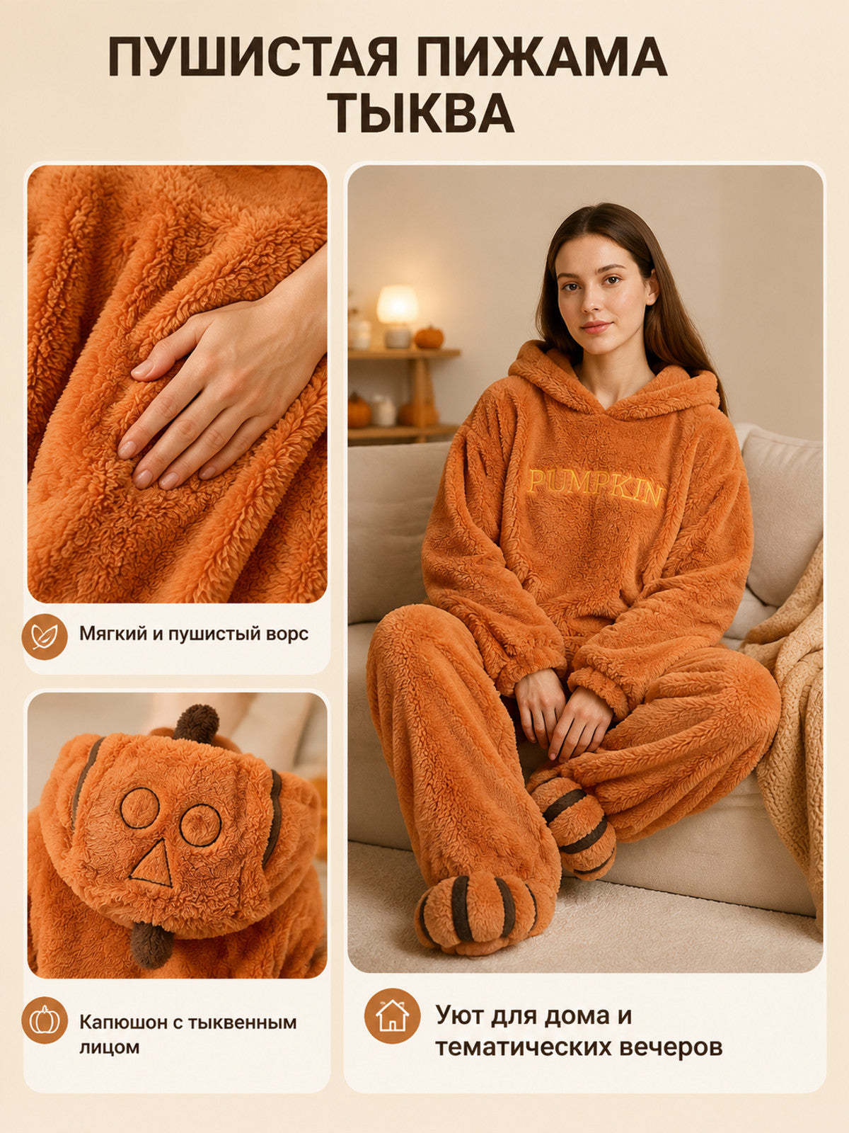 Orange hooded one-piece pajama with embroidery on-model view