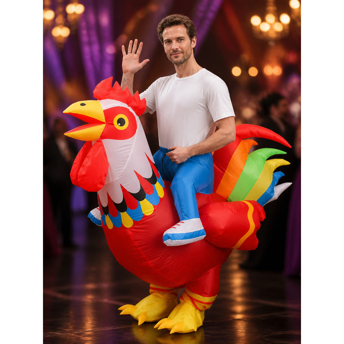 Inflatable Chicken Costume, Colorful Feather Design, Full Body Funny Outfit on-model view