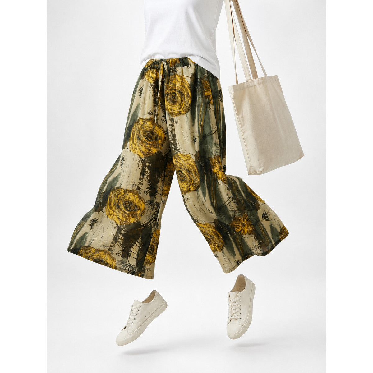 Drawstring Palazzo Pants with Floral Print