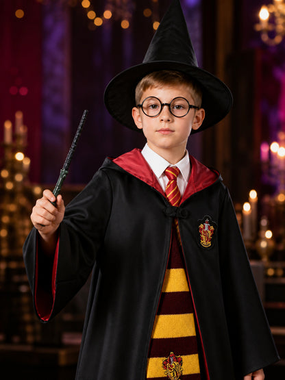 Kids Magic Wizard Robe Costume Set With Hat, Wand, Glasses, Scarf, Tie And Shirt on-model view