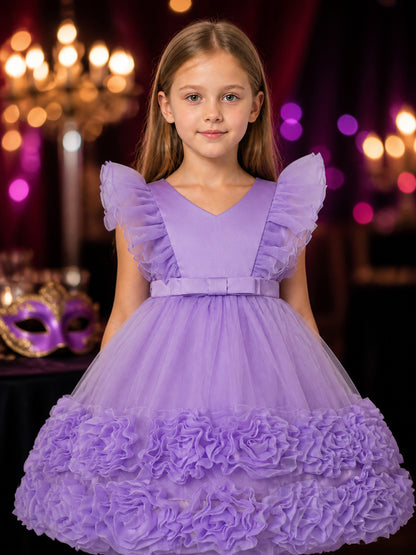 Toddler Girls' Lavender Princess Dress, Layered Tulle Skirt With Rose Trim And on-model view