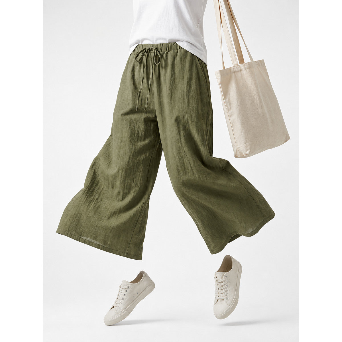 Wide-leg pants with a high elastic waistband, army green