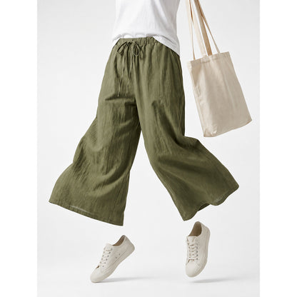 Wide-leg pants with a high elastic waistband, army green